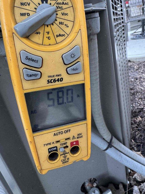 Completed BS-MVP recurring cooling maintenance visit on outdoor HVAC unit. Performed comprehensive system diagnostics using digital multimeter to verify electrical readings and operating temperatures, recording 58.0°F measurement. Evaluated system performance against manufacturer's air conditioner charging procedures reference chart, checking normal operating parameters for TXV and RFC liquid line systems across various capacity ranges. Verified proper refrigerant charge by measuring subcooling and approach values per technical specifications to ensure optimal system efficiency and performance.