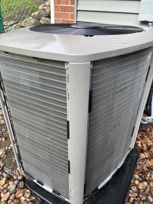 Completed annual air conditioning maintenance on a one-year-old system under MVP agreement. Performed comprehensive inspection of indoor evaporator coil assembly and outdoor condenser unit, verified proper refrigerant line connections and fittings, checked condensate drain pan operation, and confirmed all components are functioning within normal parameters. Unit shows typical dust accumulation for age; condenser coils intact with no visible damage or deterioration noted.