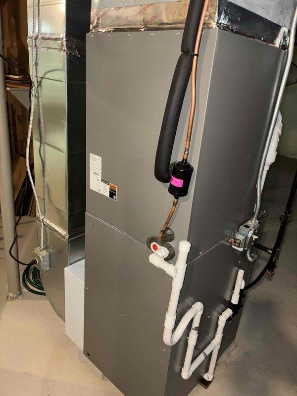 Completed routine MVP cooling maintenance visit on residential HVAC system. Performed comprehensive inspection of air handler unit, verified proper operation of all electrical components and control boards, checked refrigerant line insulation and condensate drain system functionality. All equipment found operating within normal parameters with no issues identified during this preventive maintenance service.