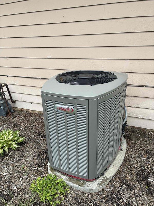 Completed preventative maintenance cooling visit on 7-year-old Lennox air conditioning system. Performed comprehensive system inspection including visual examination of outdoor condenser unit, verified proper operation of all components, and recorded temperature readings. Unit displayed normal operating temperature of 68.2°F at time of service. Confirmed condenser is properly positioned on concrete pad with adequate clearance, all panels secure, and no visible damage to exterior components. System operating within normal parameters with no issues identified.