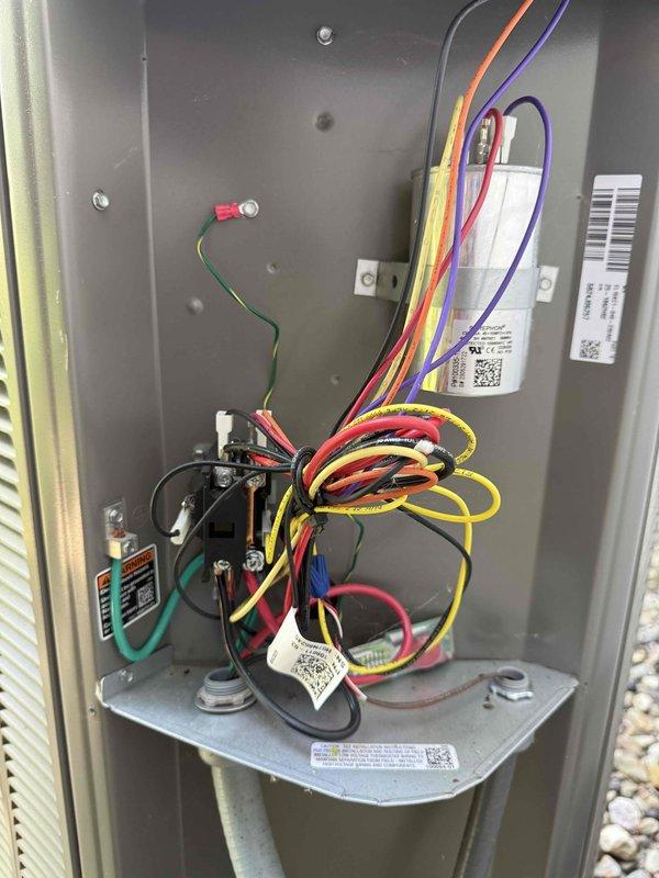 Completed routine cooling maintenance on 1-year-old Lennox condenser unit. Performed comprehensive system inspection including electrical connections, control panel components, and exterior cabinet condition. All wire terminations, relays, and safety controls verified secure and functioning properly. Unit operating within normal parameters with no deficiencies noted.