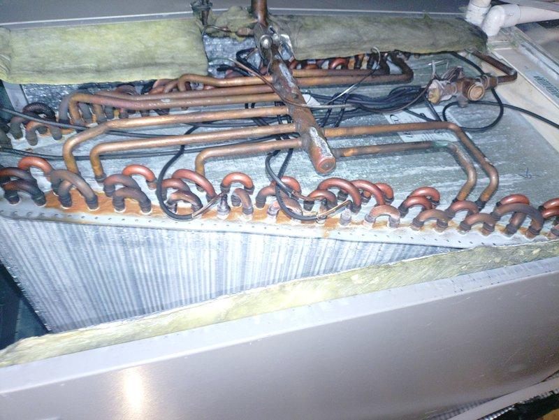 Completed scheduled air conditioning maintenance visit for MVP customer. Performed comprehensive system inspection including evaporator coil examination, which showed normal copper tube oxidation and clean finned coil assembly with proper refrigerant line connections. Inspected blower wheel assembly, noting moderate dust accumulation on blades and housing that is typical for routine maintenance interval. All components photographed and found to be operating within normal parameters.