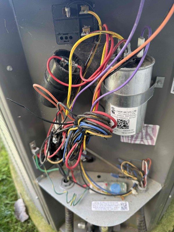 Completed scheduled maintenance visit on 9-year-old air conditioning system. Performed comprehensive inspection of outdoor condensing unit, including visual assessment of control board, capacitor, and electrical connections. Verified proper operation of circuit board components, including integrated circuits, LED diagnostic display, and outdoor discharge sensor connections. Inspected dual run capacitor and associated wiring harness for signs of wear, discoloration, or deterioration. All electrical connections were secure with no evidence of overheating or corrosion. Control board displayed normal diagnostic code with all components functioning within specifications. System operational and ready for continued cooling season use.
