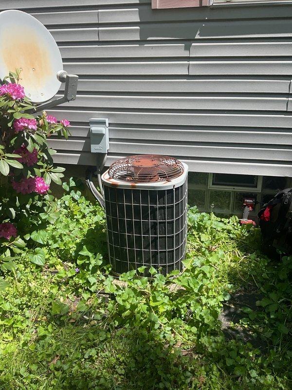 Completed routine air conditioning maintenance for residential cooling system. Performed standard inspection and servicing of cylindrical condenser unit with protective grille, verified proper operation of fan assembly with copper-colored guard, and ensured electrical connections and conduit were secure. Noted significant vegetation overgrowth around unit including rhododendron bushes and ground cover in close proximity to equipment, which may restrict airflow and reduce system efficiency if not addressed.