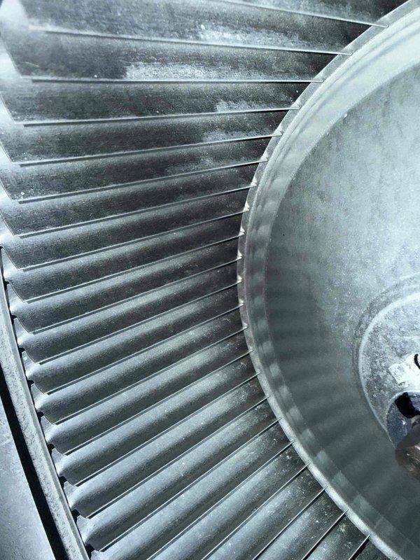 Completed routine maintenance visit on a one-year-old heat pump system with Lennox air handler. Inspected blower wheel assembly and noted moderate dust accumulation on blades and housing. Verified air handler operation, checked all connections including PVC condensate drain lines at base of unit, and confirmed system specifications matched manufacturer requirements.