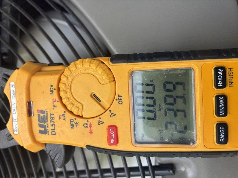 Completed MVP cooling maintenance visit on 3-year-old system. Inspected and tested electrical components including fuse block with four copper fuses, verified proper ratings and connections. Performed electrical diagnostics using clamp meter to measure voltage, amperage, and system performance at outdoor condensing unit. All electrical components tested within normal operating parameters and system operating efficiently.