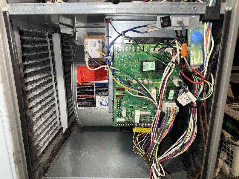 Completed BS-MVP cooling maintenance visit on 4-year-old HVAC system. Performed comprehensive inspection of furnace unit and internal components, including circuit board, wiring connections, capacitors, and integrated circuits. Verified proper operation of all electrical connections and control systems. Inspected air filter/heat exchanger assembly, ductwork, and PVC venting system. All components found to be in good working condition with no issues identified.