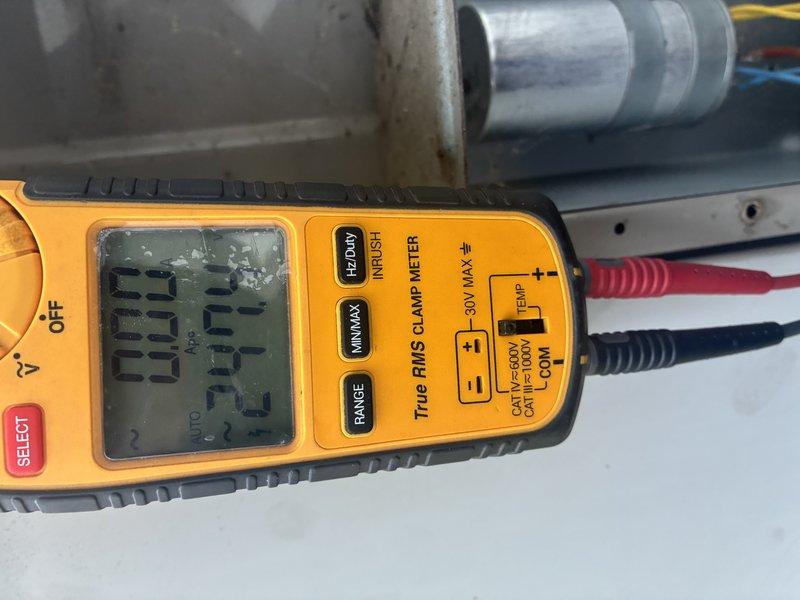 Completed routine maintenance visit on air conditioning system as part of MVP recurring service program. Performed electrical diagnostics using digital multimeter to verify proper voltage and amperage readings across system components. Inspected and tested terminal block connections, identifying worn electrical bus bar connector that required documentation for future reference. All electrical measurements were within acceptable operating parameters at time of service.