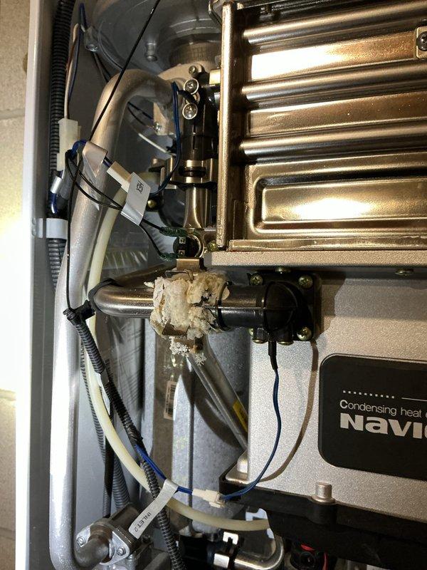 Performed routine maintenance flush on wall-mounted Navien tankless water heater unit located in basement utility room. Completed descaling procedure to remove mineral buildup from heat exchanger and internal components, then refilled system and verified proper operation. Unit returned to normal service with all connections secure and operational parameters confirmed.