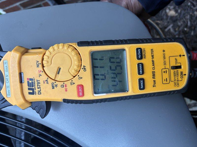 Completed scheduled air conditioning maintenance visit on a 5-year-old cooling system. Performed electrical diagnostics using clamp meter to verify proper amperage draw and system performance. Inspected and tested dual fuse assembly, confirming electrical protection components were functioning within manufacturer specifications.