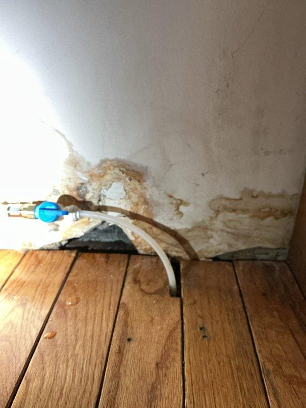 Responded to water leak in basement with no water availability during business hours. Upon inspection, identified active water damage on ceiling and walls with visible brown discoloration, peeling paint, and moisture infiltration at wall-floor junction. Documented extensive water staining along baseboards and deterioration of wall materials with cracking and flaking present. Located flexible supply line with connector valve running along affected area. Photographed damage extent showing compromised structural finishes on oak hardwood flooring and drywall surfaces for assessment and repair planning.
