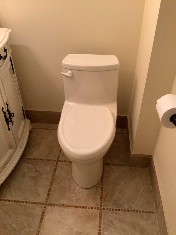 Replaced three toilets throughout the residence with new linen-colored American Standard Cadet Pro models. Installed one-piece elongated bowl, chair height toilets in the second floor master bath and first floor half bath. Replaced second floor half bath toilet with a two-piece 10" rough-in Cadet Pro elongated bowl, chair height model in linen finish. Installed new shut-off valve for basement toilet. All fixtures tested for proper operation and checked for leaks upon completion.