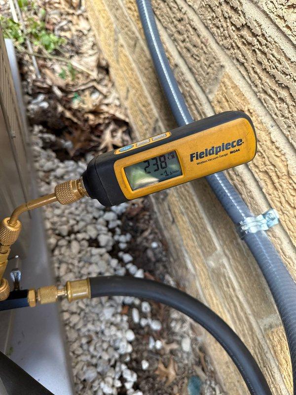 Completed installation of a 90% efficiency furnace and air conditioning system. System startup procedures were performed, including refrigerant pressure verification using digital manifold gauges, which confirmed proper charge levels and system operation. Electrical components were inspected and new dual-element time-delay fuses were installed in the disconnect box to ensure proper overcurrent protection for the equipment. All connections were secured, system tested for proper operation, and unit left running efficiently.