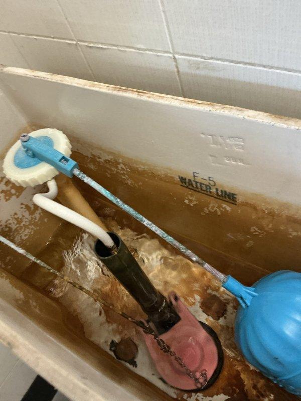 Responded to service call for malfunctioning toilet shut-off valve with active leak. Upon arrival, found severely corroded copper angle stop protruding from wall supply line, exhibiting extensive oxidation and structural deterioration. Shut-off valve was inoperable due to corrosion and unable to control water flow to fixture. Inspected toilet tank interior and documented significant rust staining, mineral deposit accumulation, and hard water scaling throughout tank surfaces, indicating long-term maintenance issues. Replaced deteriorated angle stop valve with new chrome-plated brass shut-off valve, ensuring proper compression fitting connection and leak-free operation. Tested shut-off function multiple times to verify complete water control capability. Recommended future replacement of internal tank components due to excessive mineral buildup and aging flush valve assembly.