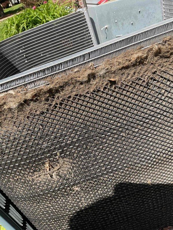 # HVAC Maintenance - Cooling

Completed comprehensive MVP cooling maintenance visit on a 1-year-old system. Upon inspection, discovered heavily clogged air filter with significant accumulation of dirt, dust, and debris throughout the mesh structure, severely restricting airflow. Removed and replaced filter to restore proper system ventilation.

Inspected condenser unit and found substantial buildup of organic debris including pine needles, twigs, and dried plant material accumulated throughout the base panel and interior compartment. Cleaned all debris from unit base and surrounding components to prevent airflow obstruction and potential damage to electrical connections.

Examined capacitor and noted moderate rust discoloration and corrosion on top surface with orange-brown crusty buildup, indicating exposure to outdoor elements. Capacitor remains functional but condition documented for future monitoring. Verified proper mounting and electrical connections on capacitor and associated c