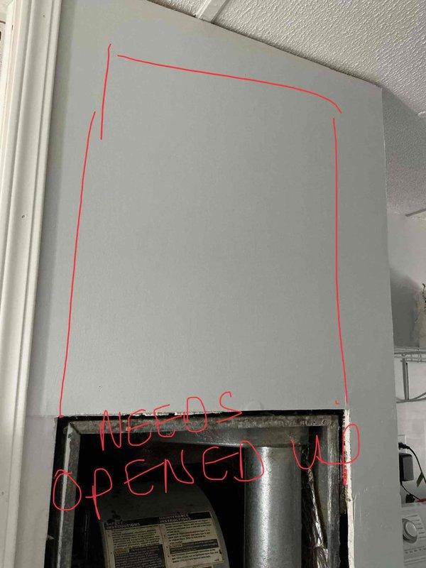 Conducted furnace replacement estimate for mobile home HVAC system. Assessed existing older furnace unit housed in wall-mounted utility compartment, documented equipment condition showing age-related wear, dust accumulation, and identified ceiling access panel requiring opening for complete system evaluation. Provided replacement recommendations based on current equipment configuration and mobile home installation requirements.