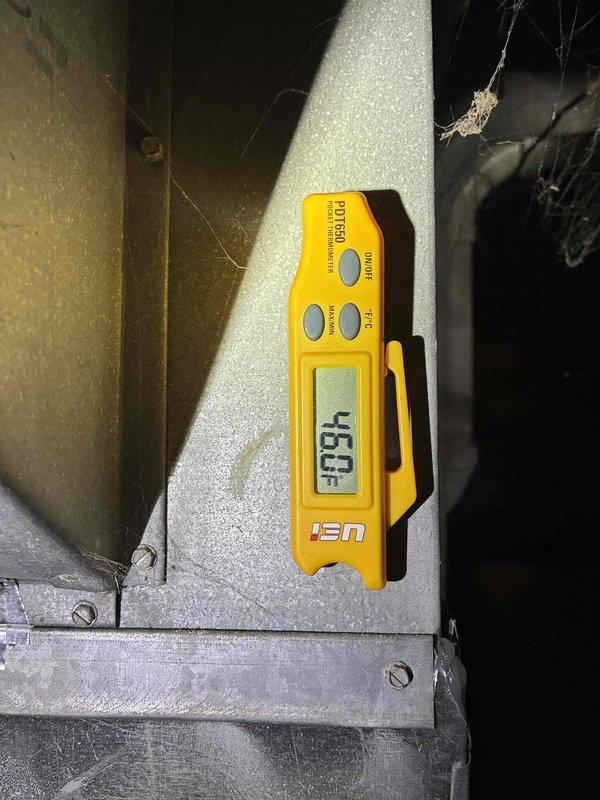 Completed preventative maintenance inspection on residential air conditioning system for MVP customer. Verified system temperatures using digital thermometer, recording supply air temperature of 45.0°F at the evaporator coil, which indicates proper cooling performance. Inspected internal electrical components, wiring harnesses, and control board for proper connections and operation; all components found to be functioning within normal parameters with no immediate service needs identified.