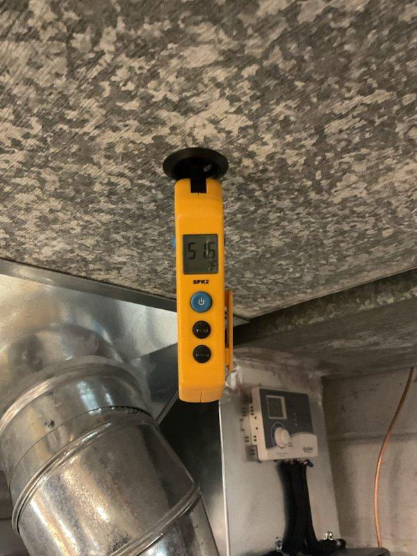 Completed routine preventative maintenance on residential air conditioning system. Performed comprehensive inspection of indoor air handler unit, including condensate drainage system with pump assembly and associated piping connections. Verified proper operation of condensate removal equipment and confirmed all drain lines, fittings, and clamps were secure with no signs of leakage. Inspected mechanical components, electrical connections, and control panels for proper function. Measured and recorded system operating temperature at 57°F, confirming adequate cooling performance. All equipment found operating within normal parameters with no deficiencies noted.