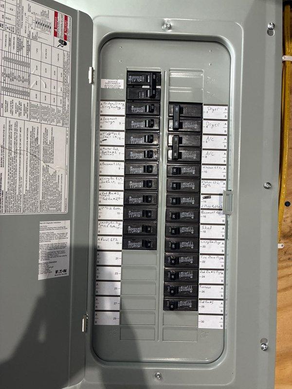 Completed 100-ampere electrical service upgrade including installation of new main breaker panel with proper circuit identification and labeling. Updated grounding system to meet current code requirements and installed exterior disconnect switch in compliance with 2023 National Electrical Code Article 230.85. All conductors properly terminated, panel mounted on plywood backing in utility space, and multiple branch circuits organized with appropriate overcurrent protection devices.