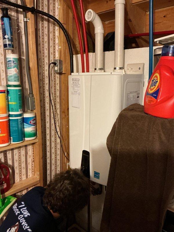 Performed routine maintenance on a 5-year-old tankless water heater unit, completing a comprehensive deliming flush service. Technicians descaled the heat exchanger and internal components to remove mineral buildup, ensuring optimal performance and energy efficiency of the Energy Star certified unit.