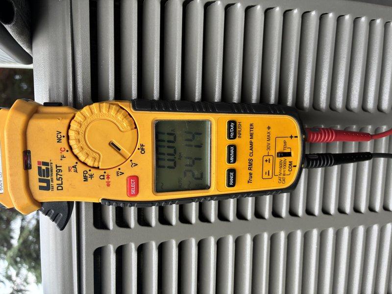 Performed routine maintenance on a two-year-old air conditioning system. Conducted electrical diagnostics using a digital multimeter to verify proper voltage and amperage at the unit's terminal connections. Inspected and tested all electrical connections at the terminal block, confirming secure wire terminations across all control and power circuits. Examined air filter condition and overall system operation to ensure optimal cooling performance.