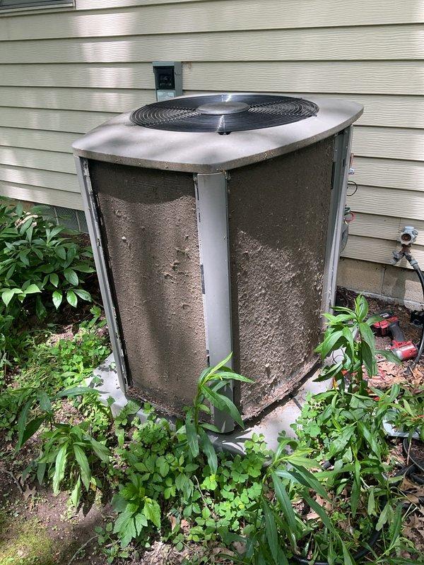 Responded to service call for 5-year-old air conditioning system experiencing intermittent operation and inability to maintain set temperature. Upon arrival, performed diagnostic evaluation of outdoor condenser unit and thermostat system. Found unit cycling off prematurely with thermostat reporting cooling failure despite extended runtime and rising indoor temperatures.

Conducted visual inspection revealing outdoor condenser unit with significant vegetation overgrowth making direct contact with cabinet panels and restricting airflow around equipment. Observed heavy accumulation of dirt, grime, and organic debris on condenser surfaces and panels. Unit positioned on concrete pad with weeds and plant material encroaching on base perimeter, compromising proper ventilation and heat exchange efficiency.

Cleared vegetation from around condenser unit perimeter to restore proper clearance and airflow. Removed plant material and debris from base and surrounding area. Cleaned exterior panels an