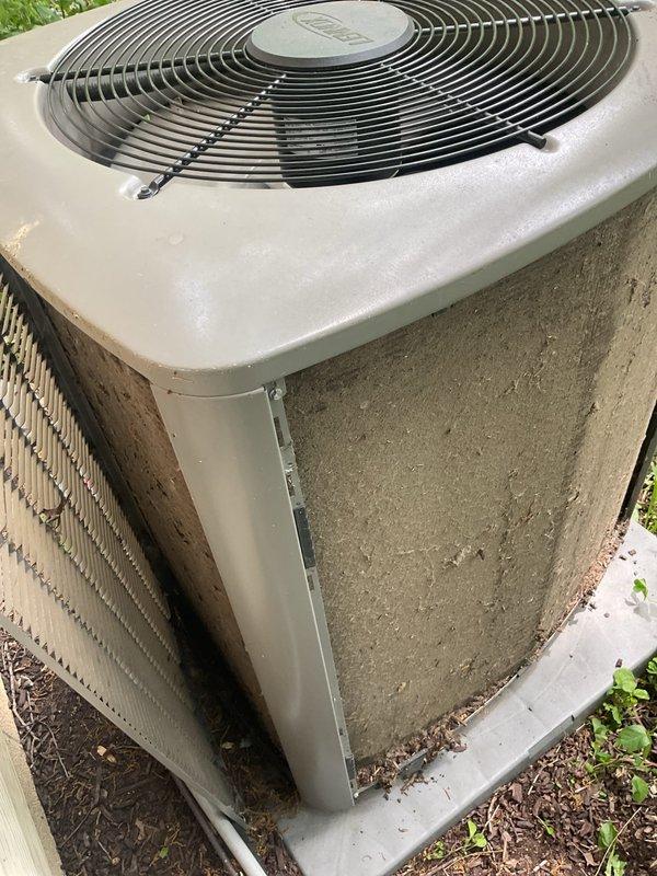 Responded to service call for 5-year-old air conditioning system experiencing intermittent operation and inability to maintain set temperature. Upon arrival, performed diagnostic evaluation of outdoor condenser unit and thermostat system. Found unit cycling off prematurely with thermostat reporting cooling failure despite extended runtime and rising indoor temperatures.

Conducted visual inspection revealing outdoor condenser unit with significant vegetation overgrowth making direct contact with cabinet panels and restricting airflow around equipment. Observed heavy accumulation of dirt, grime, and organic debris on condenser surfaces and panels. Unit positioned on concrete pad with weeds and plant material encroaching on base perimeter, compromising proper ventilation and heat exchange efficiency.

Cleared vegetation from around condenser unit perimeter to restore proper clearance and airflow. Removed plant material and debris from base and surrounding area. Cleaned exterior panels an