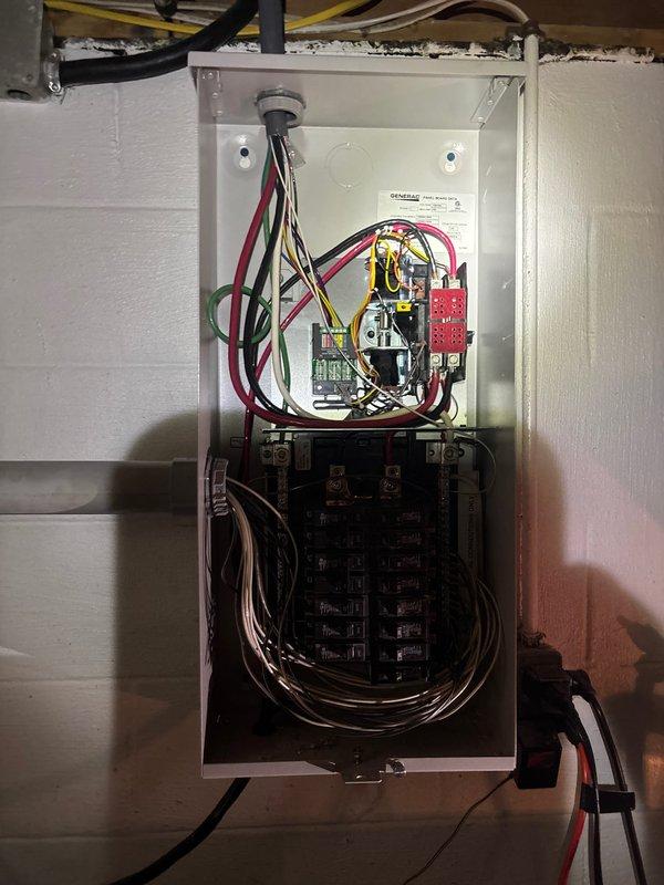 Successfully installed a 10 KW Generac standby generator with a 16-circuit automatic transfer switch. Ran approximately 30 feet of gas line from the existing meter to the generator location to provide adequate fuel supply. Mounted the transfer switch in the utility area and completed all necessary electrical connections between the main service panel, transfer switch, and generator unit. Wired 16 designated circuits through the transfer switch to ensure automatic power transfer during utility outages. Tested all transfer switch operations and verified proper generator startup sequence and load transfer functionality. No utility disconnect was required per electrical inspection authority approval. All work completed to manufacturer specifications and local electrical code requirements.