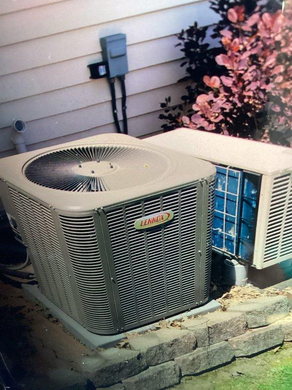 Performed comprehensive maintenance on two cooling systems: a 7-year-old mini-split unit and a 2-year-old central air conditioning system. Inspected both outdoor condensing units, including the Lennox AC condenser and mini-split compressor, verified proper operation of fan motors and compressors, checked refrigerant line connections, and examined electrical disconnect boxes. Cleaned coils, verified proper drainage through condensate trap assembly, and ensured all copper refrigerant lines and connections were secure and functioning properly.