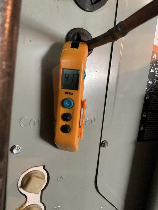 Completed routine MVP cooling maintenance visit on 11-year-old system. Performed comprehensive system diagnostics using digital measurement equipment, recording temperature readings at multiple test points including supply air (41°F) and return air (61°F) measurements. All readings within normal operating parameters, confirming proper system performance and adequate cooling capacity for continued reliable operation.