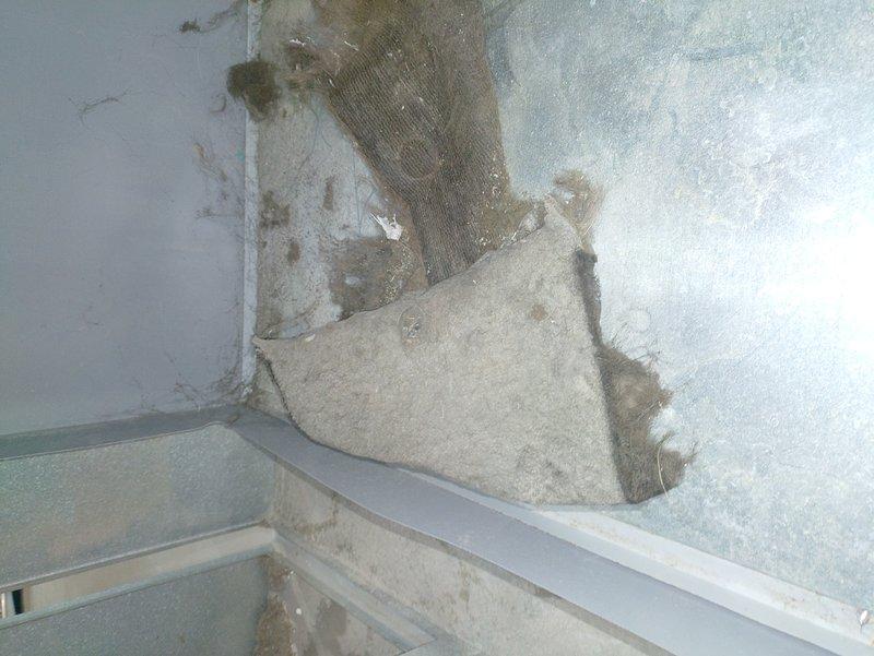 Responded to no cooling complaint with ice formation on outdoor unit and refrigerant lines. Upon inspection, identified frozen evaporator coil in air handler due to severely restricted airflow caused by deteriorated ductwork and damaged return air plenum showing significant moisture damage and material degradation. Documented extensive water damage, mold growth, and compromised insulation materials affecting system performance. Recommended immediate duct repair and air handler plenum restoration to restore proper airflow and prevent further system damage.