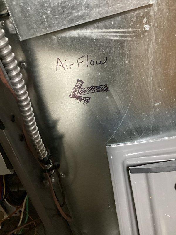 Completed MVP recurring cooling maintenance visit on residential HVAC system. Inspected evaporator coil assembly and found unit operational with intact coil fins, though housing showed signs of age-related corrosion and moisture staining on metal surfaces. Documented airflow direction markings and current equipment condition with photographic evidence for service records.