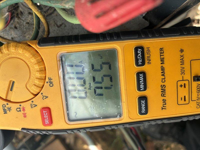 Completed MVP cooling maintenance visit on 11-year-old system. Performed electrical diagnostics using clamp meter to verify amperage draws and voltage readings across all circuit connections. All measured values fell within manufacturer specifications, confirming proper electrical operation and system performance.