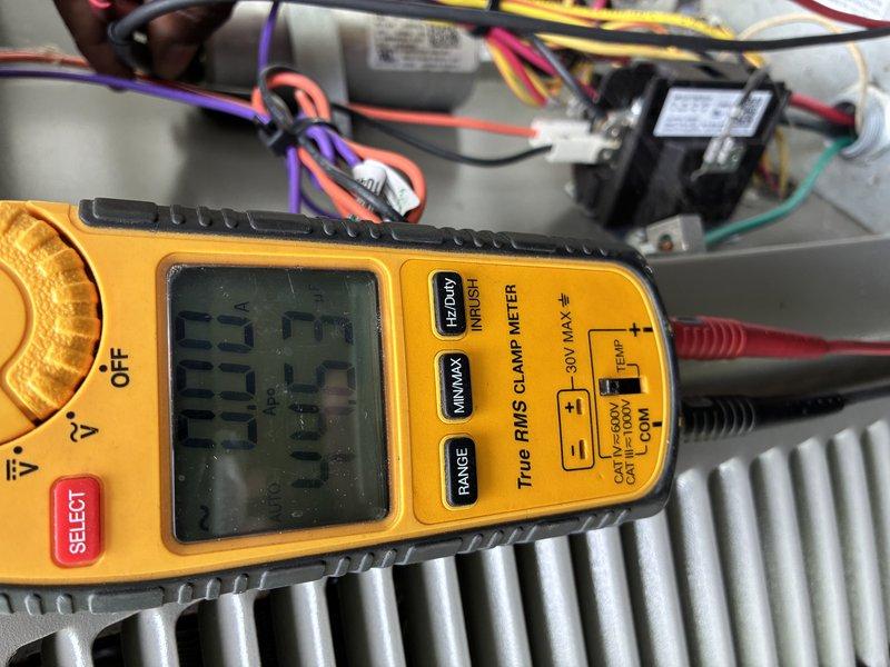 Completed MVP cooling maintenance visit on residential HVAC system. Performed comprehensive electrical diagnostics using digital multimeter, measuring voltage readings at transformer and relay components, as well as amperage draw on system circuits. Inspected condenser coil fins, verified proper electrical connections across multiple system wires, and documented equipment operating parameters to ensure optimal cooling performance for the season.