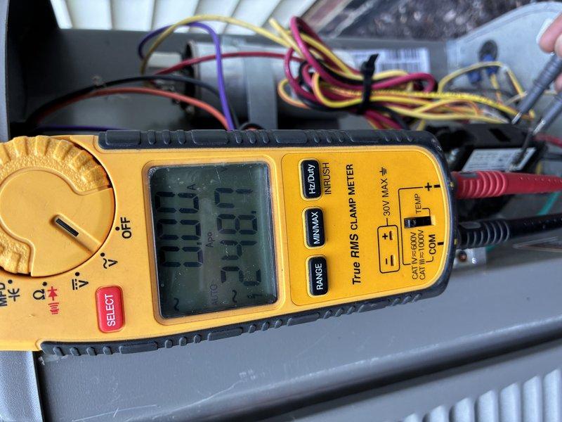 Completed MVP cooling maintenance visit on residential HVAC system. Performed comprehensive electrical diagnostics using digital multimeter, measuring voltage readings at transformer and relay components, as well as amperage draw on system circuits. Inspected condenser coil fins, verified proper electrical connections across multiple system wires, and documented equipment operating parameters to ensure optimal cooling performance for the season.