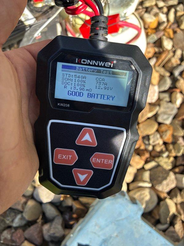 Performed scheduled two-year maintenance service on residential standby generator. Conducted comprehensive battery testing using diagnostic equipment, which revealed the starting battery requires replacement due to diminished cold cranking amp capacity (340 CCA) and state of health at 58%, despite maintaining full charge at 13.12V. Tested backup battery showing optimal performance with 100% state of health, 100% state of charge, and low internal resistance of 3.96mΩ. Documented all findings with photographs for customer records and recommended immediate battery replacement to ensure reliable generator operation during power outages.