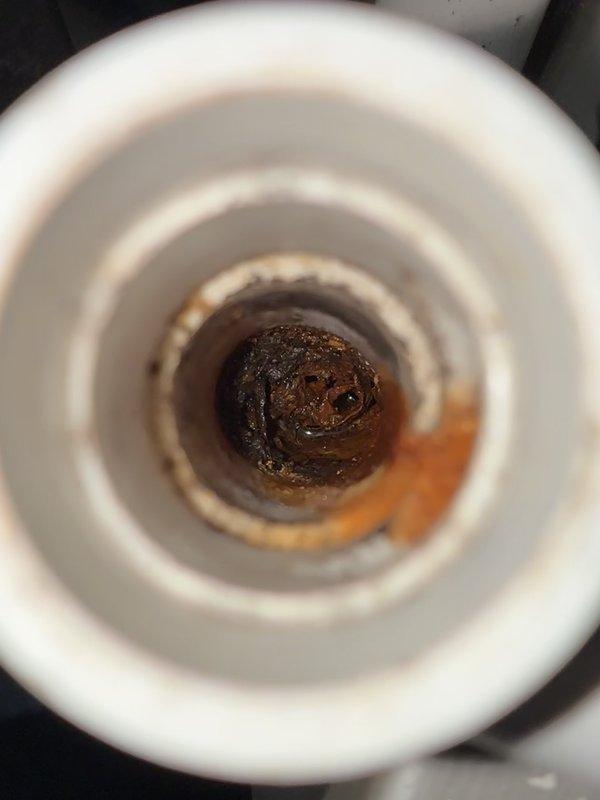 Completed scheduled maintenance visit on a 5-year-old cooling system. Inspected air handling unit interior, noting dust accumulation on filter media and insulation surfaces. Observed rust formation on metal access panel and mineral deposit buildup in condensate drain system. Verified refrigerant line connections and cleared drain line obstruction to restore proper condensate flow and prevent potential water damage.