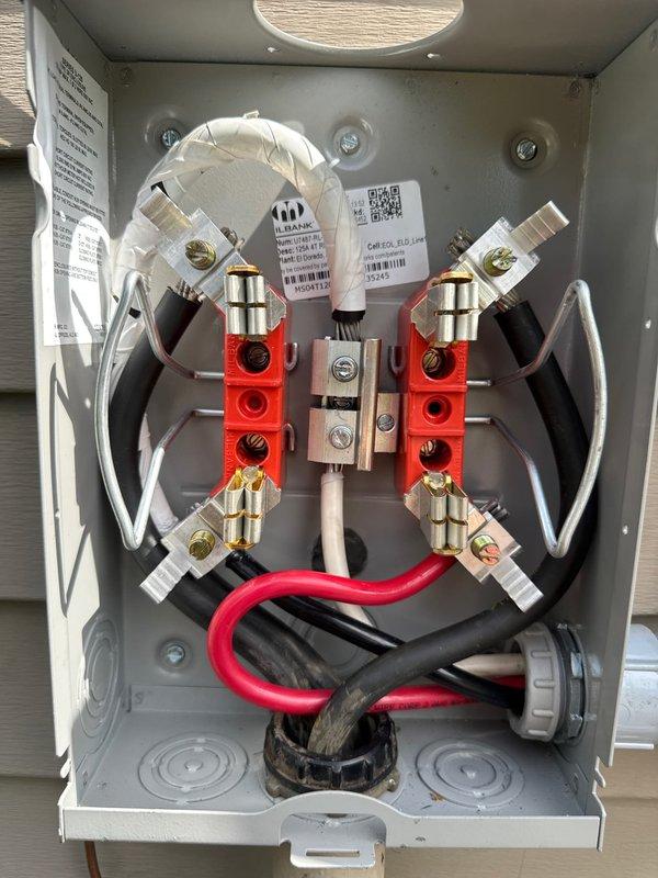 Completed warranty replacement of underground meter base at residential property. Coordinated utility disconnect for safe service upgrade, utilizing truck stock materials including meter enclosure, bus bars, terminal blocks, and associated hardware. Installed new meter base assembly with proper wire terminations to red bus bars, secured all electrical connections, and ensured proper integration with existing Generac backup power system and service conduits. All work performed in accordance with NEC standards and utility requirements.