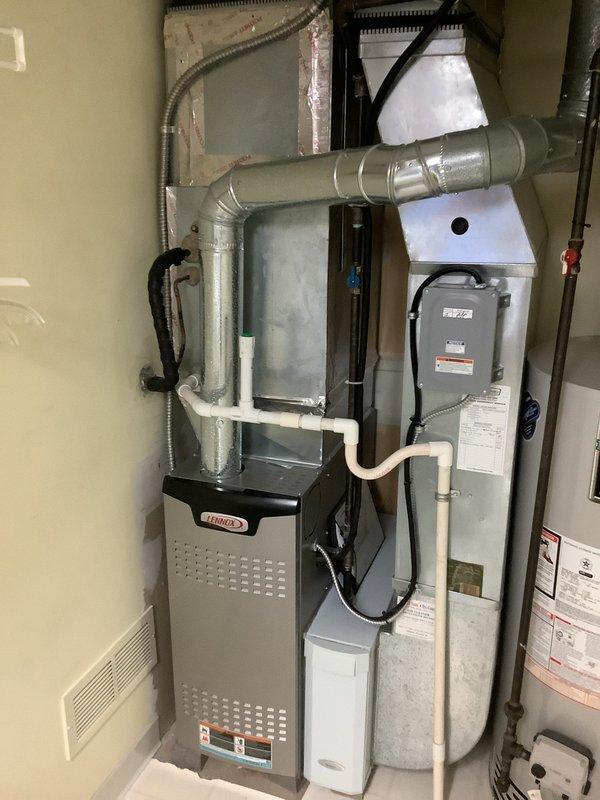 Completed installation of new Lennox HVAC system including furnace and air conditioning unit, along with 40-gallon tall water heater in utility closet. Mounted outdoor A/C condenser on heat pump legs for proper elevation and drainage. Connected all ductwork, refrigerant lines, condensate drainage, and electrical components per manufacturer specifications. Verified proper airflow, tested all safety controls, and ensured both heating/cooling system and water heater are fully operational.