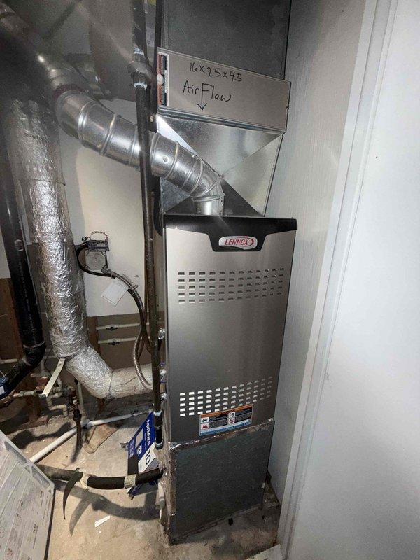 Completed scheduled HVAC maintenance visit for a 9-year-old Lennox cooling system located in the backyard. Performed comprehensive inspection of the indoor furnace unit and air handler assembly, verified proper ductwork connections and airflow direction, and inspected electrical components including capacitors, contactors, and control wiring within the system's electrical panel to ensure safe and efficient operation.