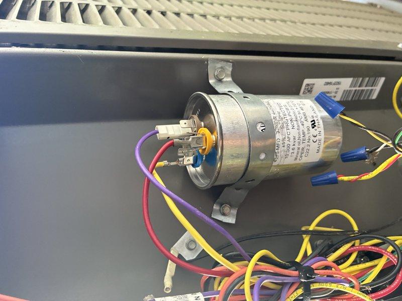 Completed scheduled MVP cooling maintenance visit. Inspected and photographed dual-run capacitor showing proper electrical connections with secure wire terminations. Verified air filter condition in air handler unit, noting clean pleated media with minimal dust accumulation and proper installation within housing. All components operating within normal parameters.