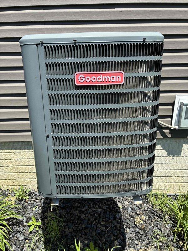 Completed routine MVP cooling maintenance visit on Goodman brand outdoor condensing unit. Performed standard system inspection, checked refrigerant levels, examined condenser coils and fins for proper airflow, and verified electrical connections at disconnect box. Unit operational and cooling effectively upon completion of service.