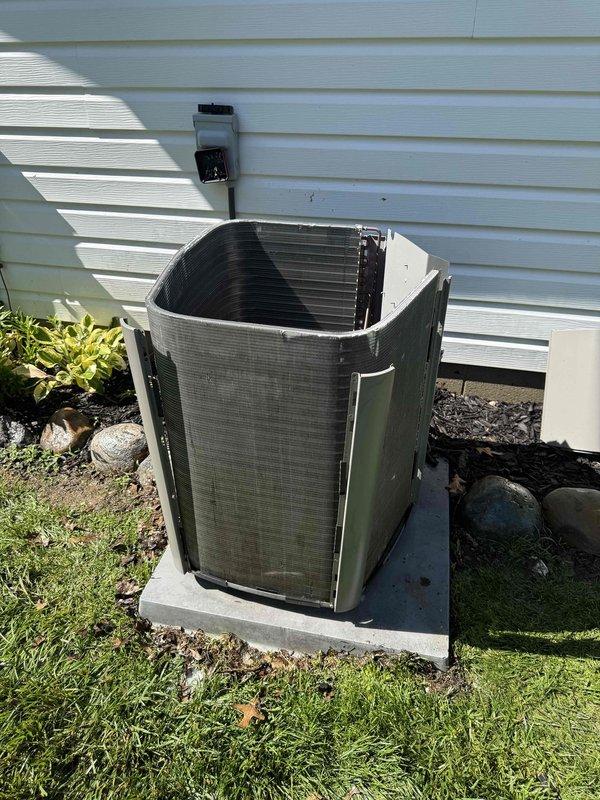 Performed coil wash service on residential outdoor air conditioning condenser unit. Cleaned condenser coils to remove dirt, debris, and buildup that can reduce system efficiency and cooling capacity. Inspected internal components including compressor, motor assembly, and electrical connections during service to ensure proper operation.