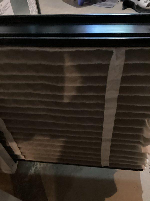 Performed routine maintenance on a 4-year-old Lennox cooling system. Inspected air filter and found moderate dust accumulation; filter assessed for replacement consideration. Examined furnace cabinet, ductwork connections, and associated HVAC components including flexible metallic ducts, rigid piping, and PVC condensate line. Verified proper installation of ball valve and metallic tubing connections. All system components operating within normal parameters.