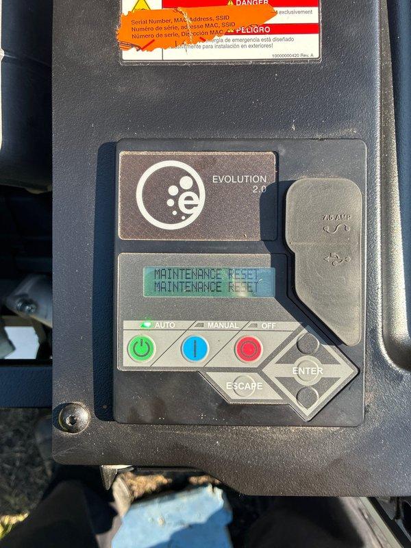 Performed scheduled maintenance on a 3-year-old 18kW residential standby generator equipped with Evolution 2.0 control system. Completed comprehensive inspection including fluid levels, air filter condition, battery voltage, and control panel functionality. Executed maintenance reset procedure through the digital interface and verified proper operation of AUTO/MANUAL/OFF modes. Unit tested successfully with all systems functioning within normal parameters.
