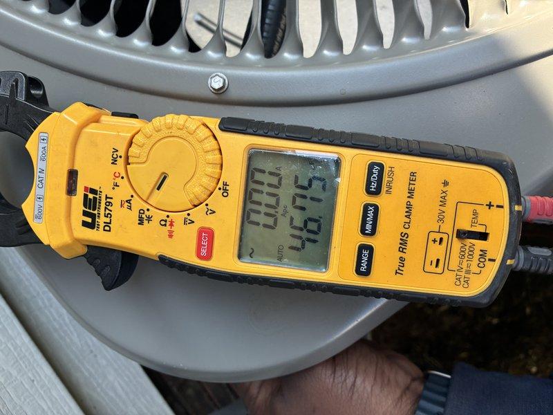 # HVAC Maintenance - Cooling

Completed scheduled preventive maintenance cooling visit on a 4-year-old system. Performed comprehensive system diagnostics using calibrated digital multimeter to verify electrical parameters and operational specifications. Measured voltage, amperage, and continuity at key system components to ensure proper electrical performance. Inspected blower assembly and ventilation components for proper operation and airflow. All electrical readings were within manufacturer specifications. System tested and confirmed operational. Documented service with photographic records of diagnostic measurements and equipment condition.