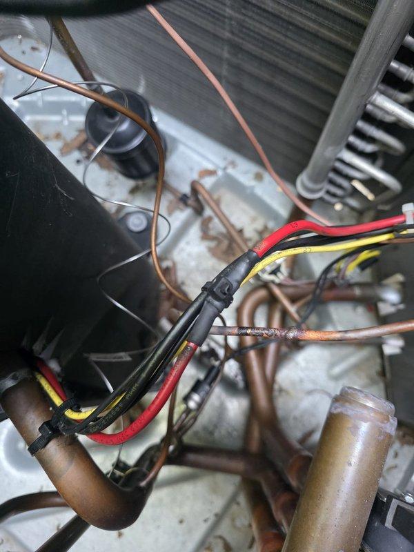 Responded to no cooling call and discovered system was completely empty of refrigerant. Performed leak detection and identified active leak at the suction line service port connection. Documented equipment condition with photos showing oxidized copper tubing, electrical connections, and internal components of outdoor condensing unit. Return visit scheduled to braze and repair the leaking suction line port, pressure test system for additional leaks, and complete refrigerant recharge with truck stock materials.