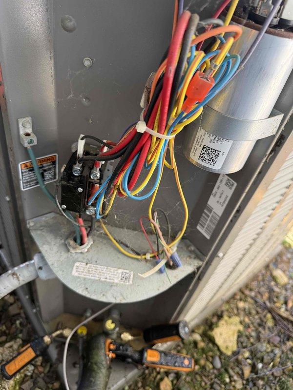 Completed MVP cooling maintenance visit on system over 13 years old. Upon inspection, discovered significant mold contamination at supply duct penetration point in ceiling, with heavy green and yellowish growth on interior surfaces surrounding duct connection. Documented conditions with photos for customer records. Inspected outdoor condensing unit and verified all electrical components including dual-run capacitor, contactor relay, and wiring connections are functioning properly with secure installations and proper organization.