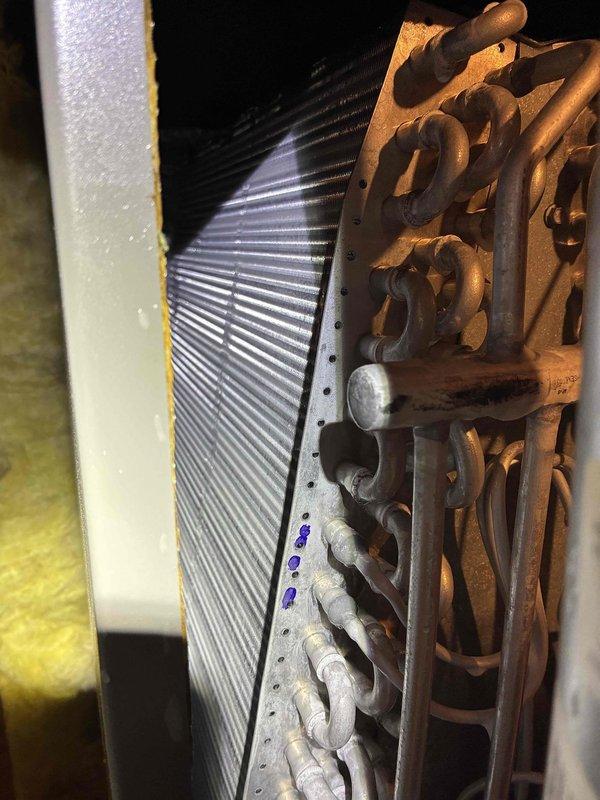 Completed MVP cooling maintenance visit on 6-year-old residential HVAC system. Performed comprehensive inspection of indoor evaporator coil assembly and outdoor condensing unit. Evaporator coil fins showed good condition with proper airflow clearance. Noted copper refrigerant lines displaying normal oxidation patina consistent with system age; all brazed joints remain secure with no signs of refrigerant leakage. Outdoor condensing unit properly positioned on concrete pad with intact protective mesh grilles and functional ventilation. All components operating within normal parameters for system age and usage.