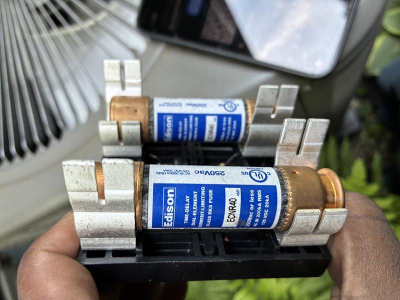 Completed MVP recurring cooling maintenance visit. Inspected electrical components and replaced dual Edison ECN-R40 fuses rated at 250VAC in the outdoor condensing unit. Verified proper amperage draw of 23.7A using clamp meter, confirming system is operating within normal parameters.